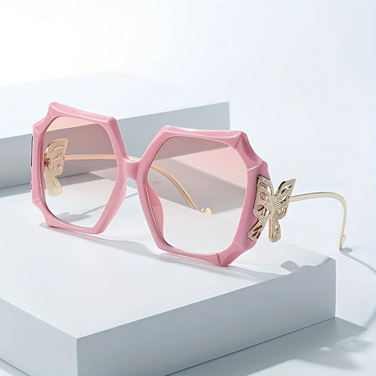 Geometric Oversized Pink Glasses with Butterfly Decoration
