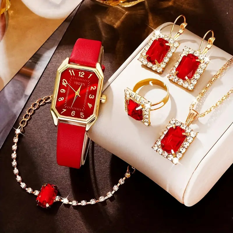 Women Fashion Retro PU Leather Band Quartz Watches+Crystal Jewelry Set