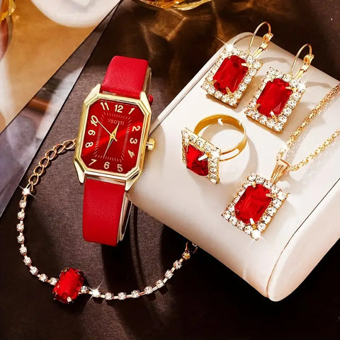 Women Fashion Retro PU Leather Band Quartz Watches+Crystal Jewelry Set