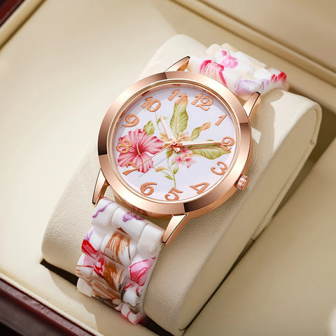 Fashionable Floral Print Silicone Band Wrist Watch