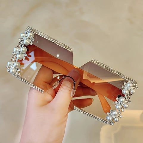 Elegant Flower Decor No Frame Square Luxury Rhinestone Glasses