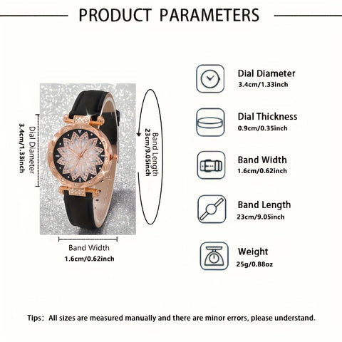 Black PU Leather Strap Watch  With Rose Golden-Tone Alloy Case