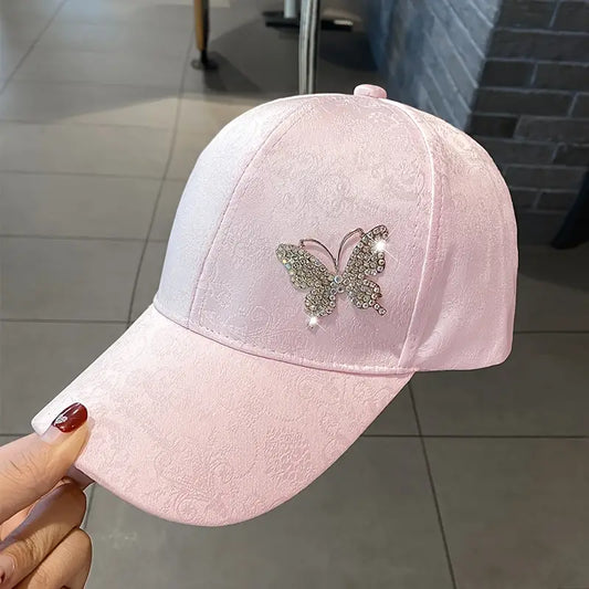 Elegant Polyester Baseball Cap  with Rhinestone Butterfly Design