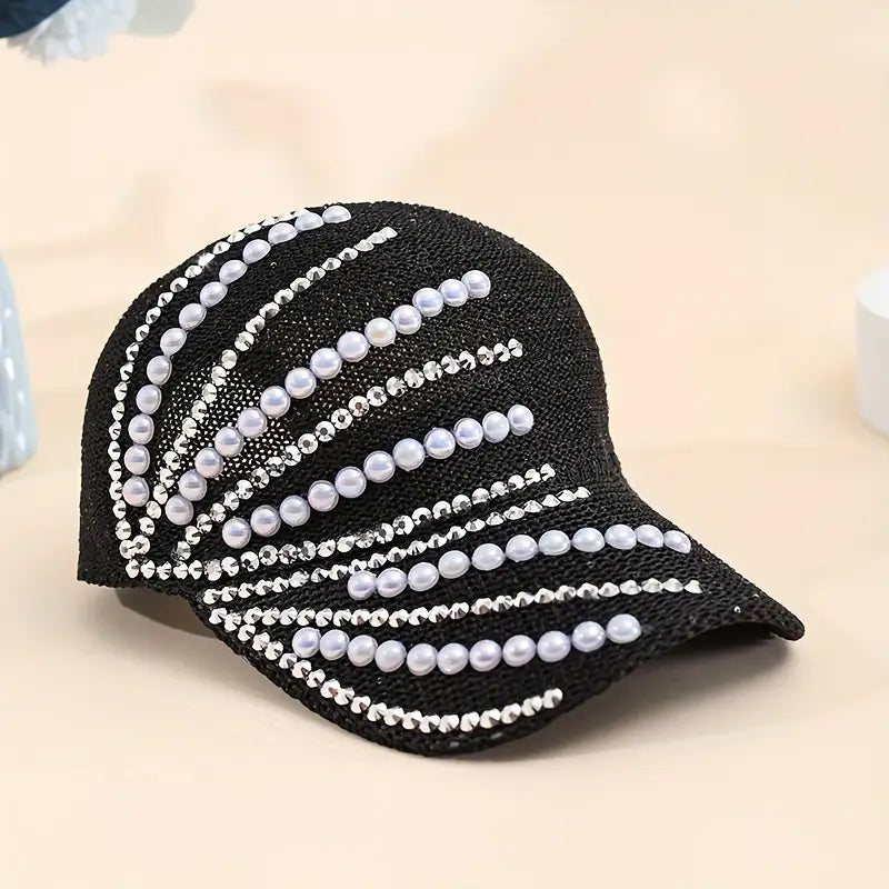 Sparkling Sequin Phoenix Tail Baseball Cap with Faux Pearl Accents