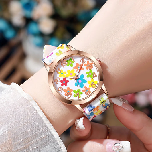 Fashionable Floral Print Silicone Band Wrist Watch