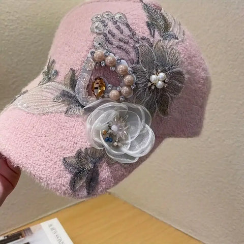 Elegant Korean-Style  Baseball Cap with Floral Diamond