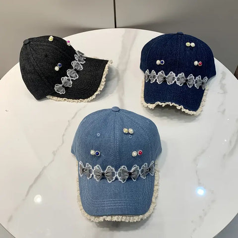 Baseball Cap with Imitation Pearls and Bowknot Embellishments