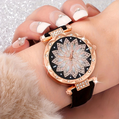 Black PU Leather Strap Watch  With Rose Golden-Tone Alloy Case