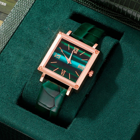 5pcs/Set Casual Simple Pointer Square  Watch Set With  PU Leather Strap