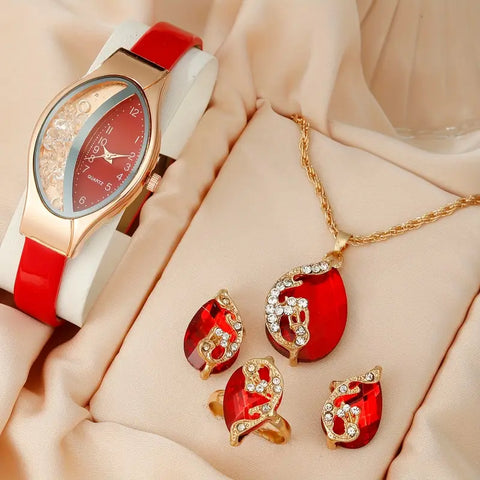Quartz Watch Combo with Peacock Motif - Includes Necklace, Earrings & Adjustable Ring