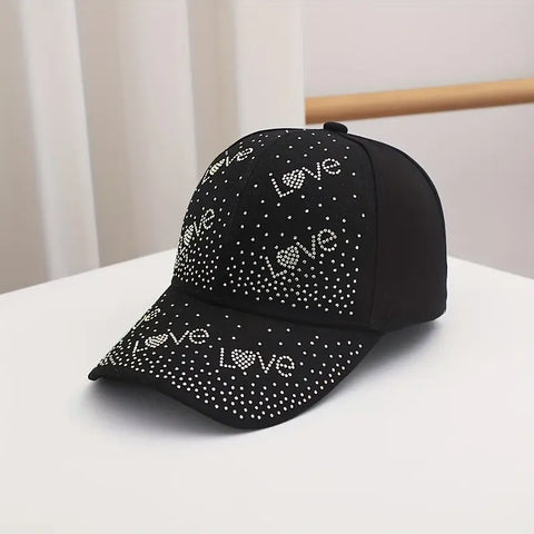Cotton Baseball Cap with Rhinestone Love Letters