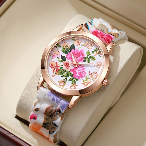Fashionable Floral Print Silicone Band Wrist Watch