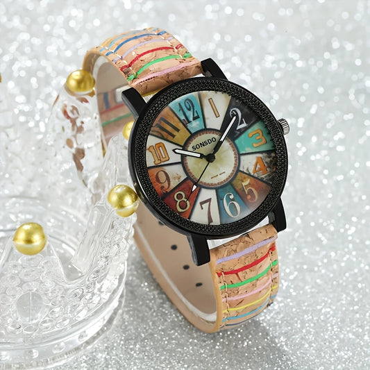 Stylish Casual Quartz Watch with  Wooden-Like Textured Band