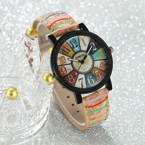 Stylish Casual Quartz Watch with  Wooden-Like Textured Band