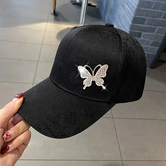 Elegant Polyester Baseball Cap  with Rhinestone Butterfly Design