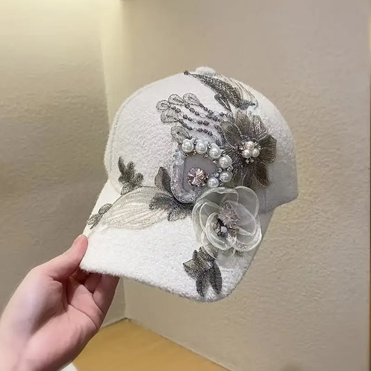 Elegant Korean-Style  Baseball Cap with Floral Diamond