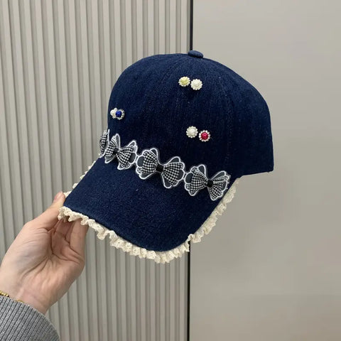 Baseball Cap with Imitation Pearls and Bowknot Embellishments