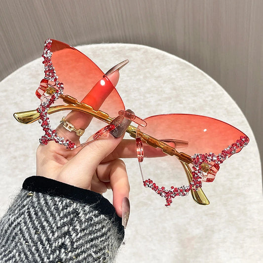 Butterfly-Shaped Rimless Glasses with Sparkling Rhinestone Accents