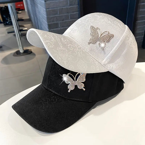 Elegant Polyester Baseball Cap  with Rhinestone Butterfly Design