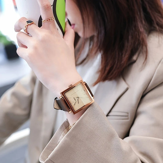 Large Square Quartz Watch With Classic PU Leather
