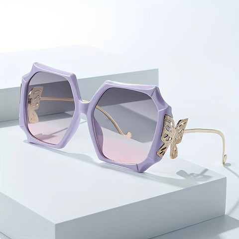 Geometric Oversized Pink Glasses with Butterfly Decoration