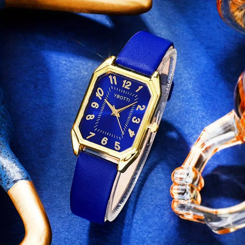 Women Fashion Retro PU Leather Band Quartz Watches+Crystal Jewelry Set